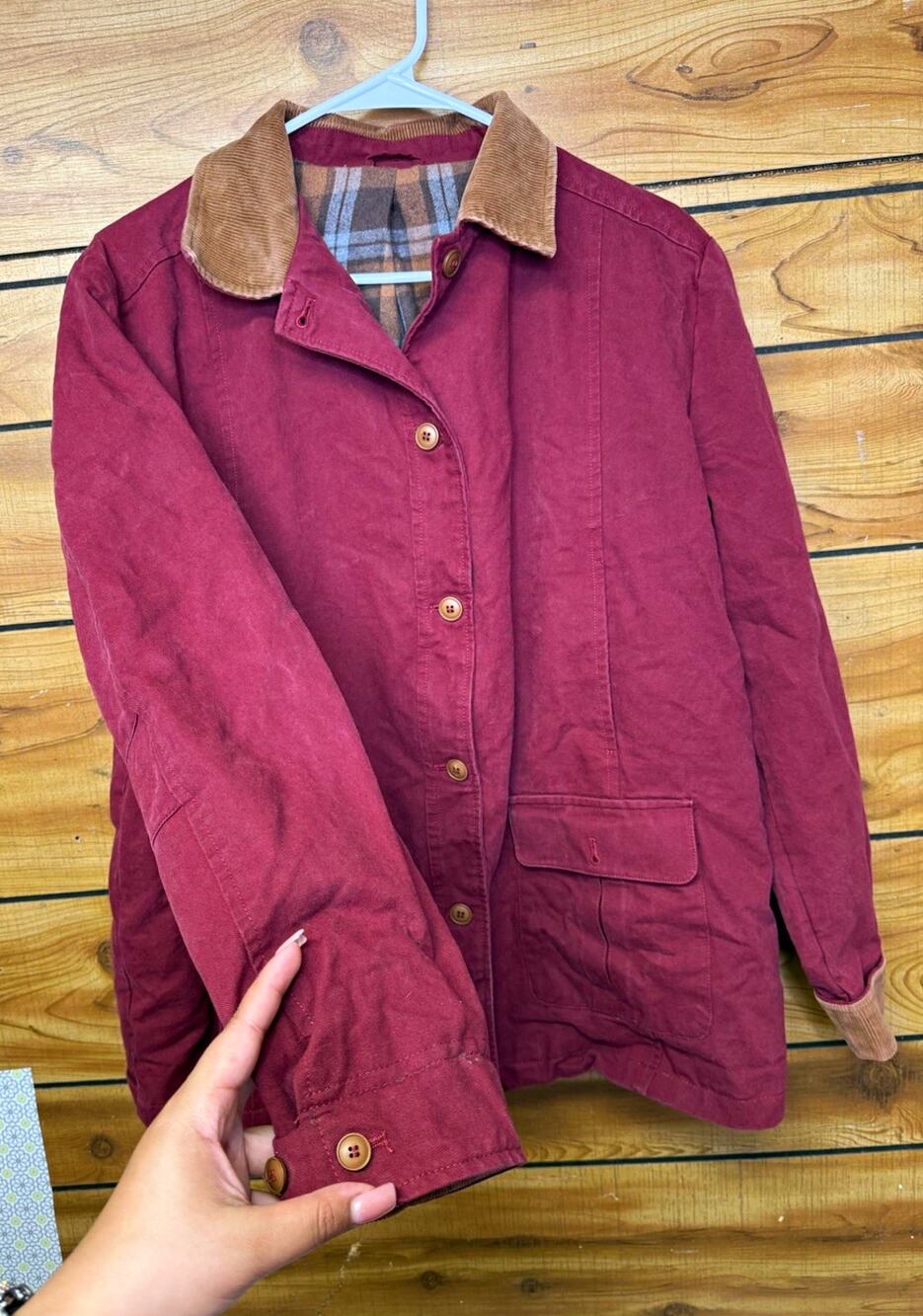 Men’s Red Barn Chore Jacket Button Front Point Collar Plaid Lined Sz L
